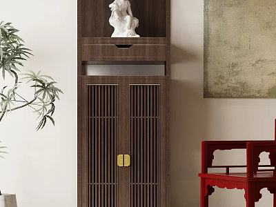 Chinese Style Dark Brown Buddhist Shrine Cabinet With White Buddha Statue And Golden Handles 3d model