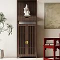 Chinese Style Dark Brown Buddhist Shrine Cabinet With White Buddha Statue And Golden Handles