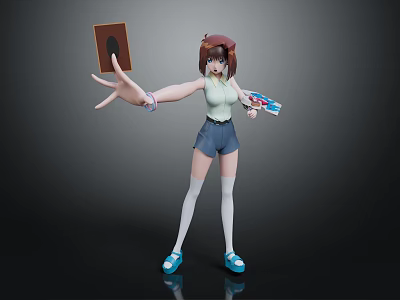 3D Model Character Girl Holding Brown Object And Colorful Cards Wearing White Stockings And Blue Shoes 3d model