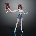 3D Model Character Girl Holding Brown Object And Colorful Cards Wearing White Stockings And Blue Shoes