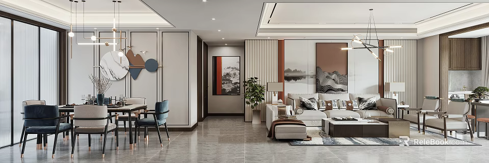 Modern Living Dining Room Interior With Sofa Coffee Table Dining Table And Wall Paintings 3d model 