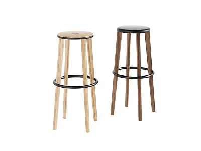 Modern Bar Stools With Light And Dark Wood Frames Round Seats Black Ring Accents 3d model
