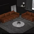 Modern Brown Leather Sofa Coffee Table Set in Minimalist Living Room with White Round Table and Natural Light