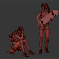 Two Young Women With Skateboards Backpacks Denim Shorts Knee High Socks And Sneakers