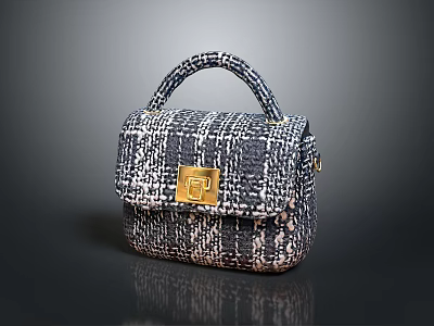Elegant Stylish Tweed Plaid Handbag with Gold Lock and Top Handle 3d model