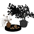 Decorative Vase with Olive Tree Branches and Terracotta Pot on Black Tray with Acorns