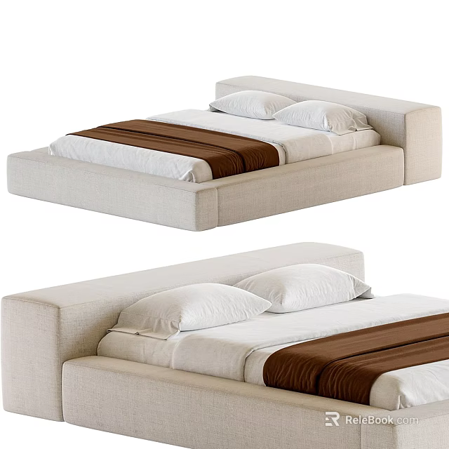 Modern Double Bed With Beige Upholstered Frame White Sheets And Brown Throw Blanket 3d model 