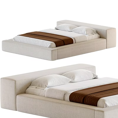 Modern Double Bed With Beige Upholstered Frame White Sheets And Brown Throw Blanket 3d model