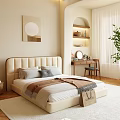 Cozy Bedroom Interior Design With Beige Upholstered Bed Wooden Desk And Green Plant