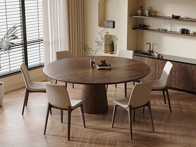 Middle Ancient Style Solid Wood Round Dining Table and Chair Home Dining Room Solid Wood Backrest Dining Chair Six-seat Cabinet Vase Ornaments Venetian Blinds Curtain Wood Floor model