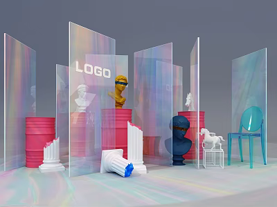 Vibrant Art Display With Iridescent Acrylic Panels LOGO Red Barrels And White Columns 3d model
