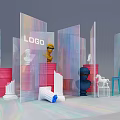 Vibrant Art Display With Iridescent Acrylic Panels LOGO Red Barrels And White Columns