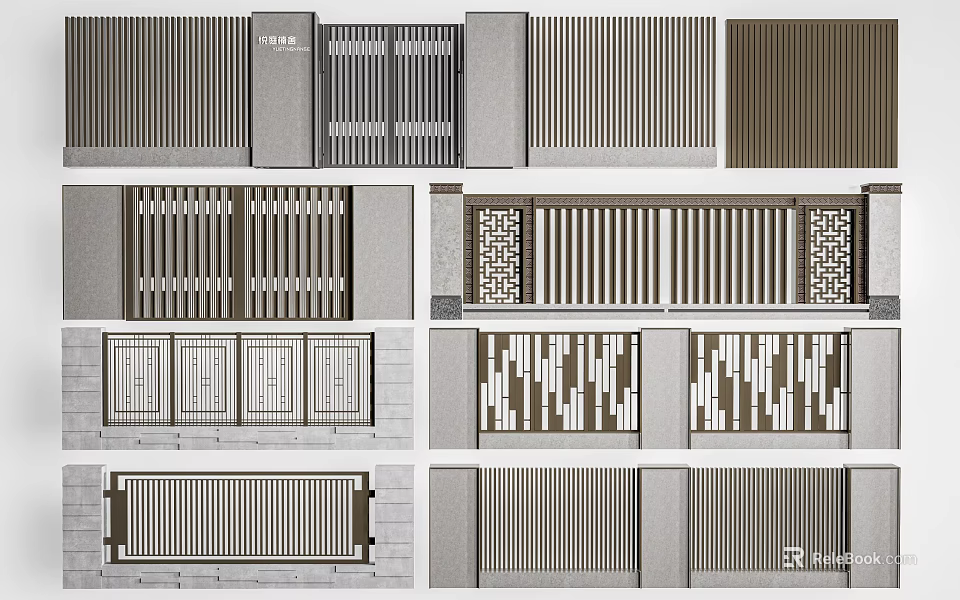 Modern Building Facade Design With Decorative Grilles Vertical Stripes Various Materials And Geometric Patterns 3d model 