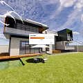 Modern Detached Villa Featuring Glass Facade Open Terrace Lawn And Outdoor Seating Area