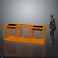 Elderly man in suit standing beside orange grid cabinet with black countertop areas