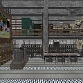 Industrial Style Restaurant Interior With Large Screen Bar Counter Wine Racks Tables And Chairs