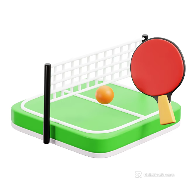 Mini Green Table Tennis Table With White Net Orange Ball And Red Racket 3d model 