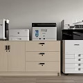 Wooden File Cabinet With Drawers And Doors Holding HP EPSON Printers In Office