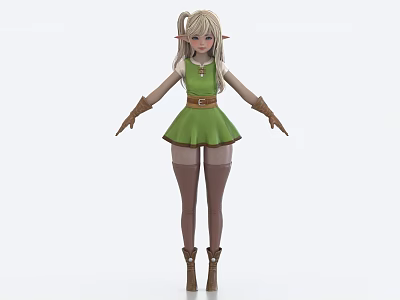 Woman With Blonde Pigtails And Elf Ears In Green Dress Brown Gloves And Boots 3d model