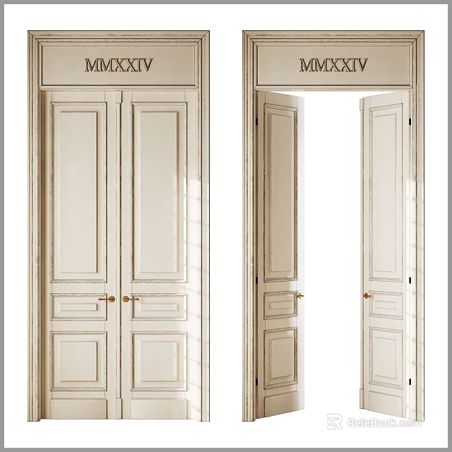 Classical Paneled Double Doors Featuring MMXXIV Numerals Closed And Open Brass Handles 3d model 