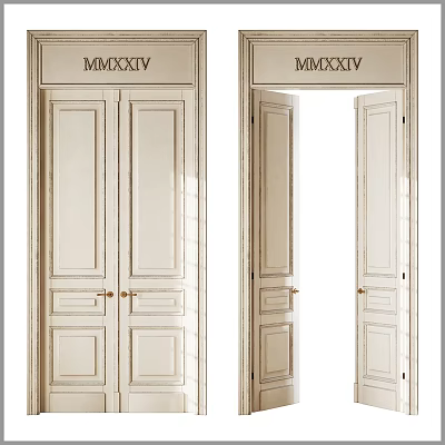 Classical Paneled Double Doors Featuring MMXXIV Numerals Closed And Open Brass Handles 3d model