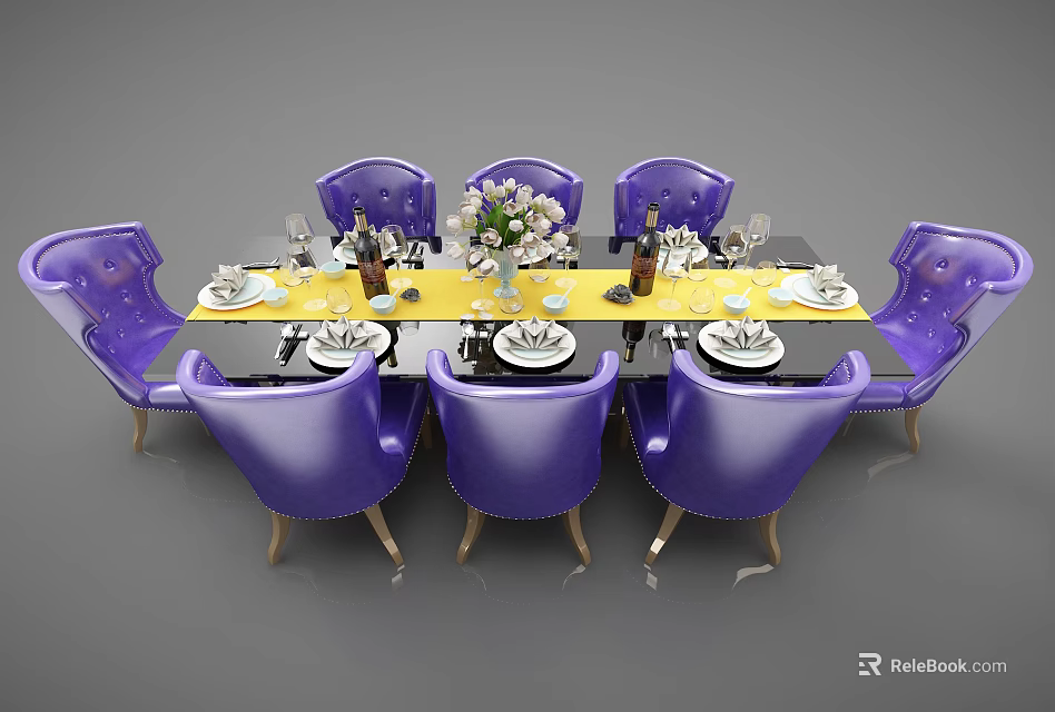 Elegant Dining Table Set With Purple Chairs Yellow Table Tableware And Flower Bouquet 3d model