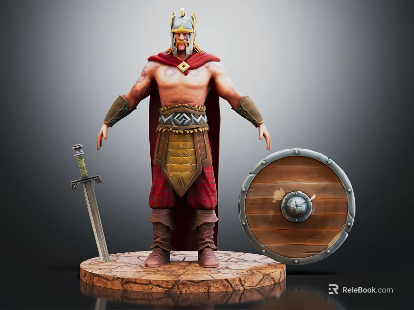 Warrior Character With Helmet Red Cape Sword And Shield On Stone Base 3d model