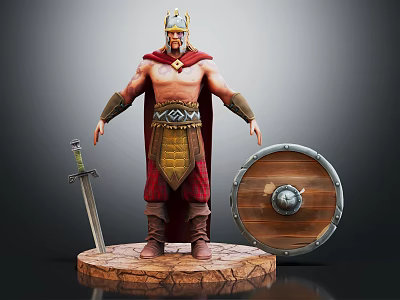Warrior Character With Helmet Red Cape Sword And Shield On Stone Base 3d model