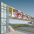 Modern Geometric Bridge With Red White Frame Over Road And Side Stairs