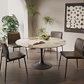 Modern Round Dining Table Set With Marble Top Black Chairs Fruit Bowl And Plants