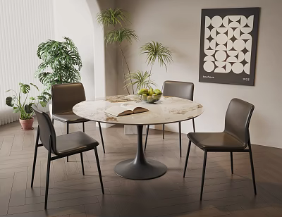 Modern Round Dining Table Set With Marble Top Black Chairs Fruit Bowl And Plants 3d model