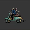 Game Movie Characters Riding Colorful Scooters With Helmets And Black Cat On Cobblestone Path