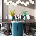 Modern Dining Table Set With Blue Upholstered Chairs And Geometric Pendant Lights 3d model