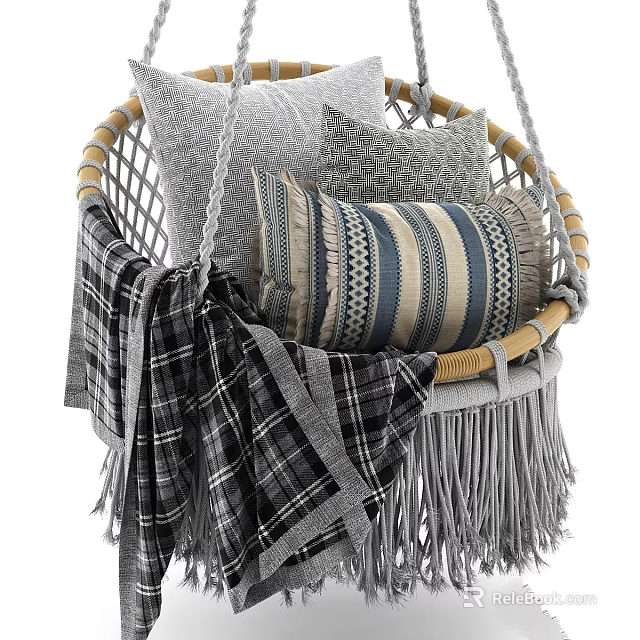 Cozy Woven Hanging Chair With Wooden Armrests Pillows And Plaid Blanket 3d model 