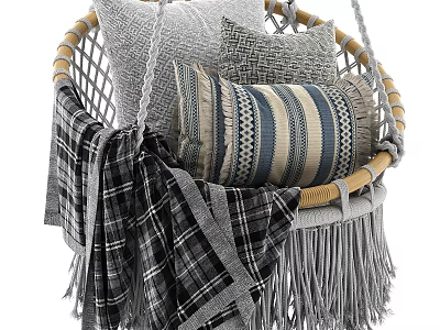 Cozy Woven Hanging Chair With Wooden Armrests Pillows And Plaid Blanket 3d model