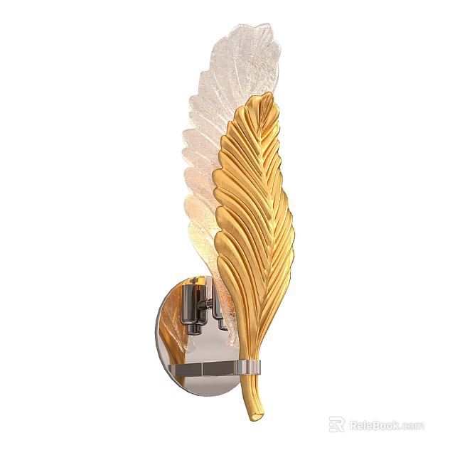 Golden Feather Design Wall Lamp With Transparent Glass And Metal Bracket 3d model 