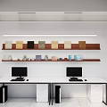 Home Office Desk With Pegboard Displaying Wooden Panels Fabric Swatches And File Cabinets