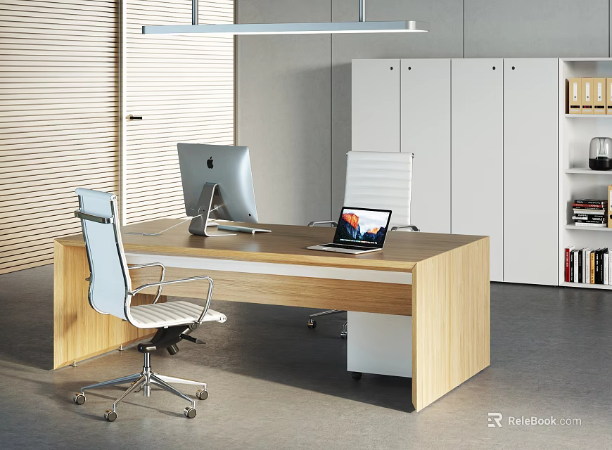 Modern Office Desk with Wooden Top Computers Ergonomic White Chairs Cabinets and Bookshelf 3d model 