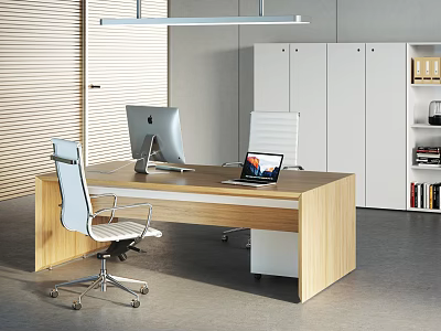 Modern Office Desk with Wooden Top Computers Ergonomic White Chairs Cabinets and Bookshelf 3d model