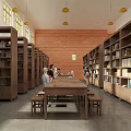 Spacious Library Interior Design With Wooden Bookshelves Long Tables Hanging Lights And People