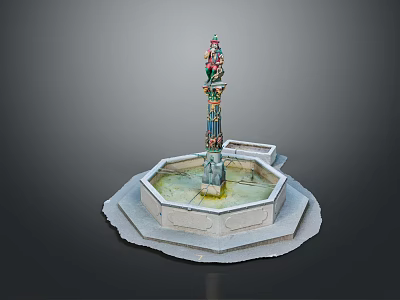 Ornate Decorative Fountain With Colorful Column Intricate Carvings And Octagonal Base 3d model