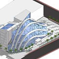 Modern Museum Building with Curved Glass Facade and Open Entrance Surrounded by Palm Trees