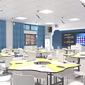 Modern School Classroom Interior With Smart Equipment Desks Chairs Windows And Blue Curtains