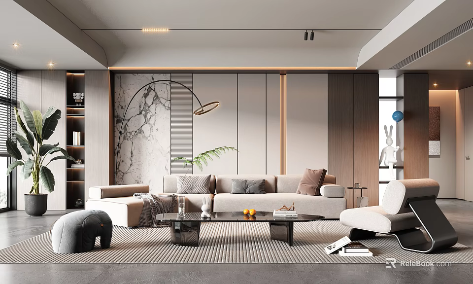 Modern Living Room Interior Design With Marble Wall Sofa Coffee Table Lighting And Plants 3d model 