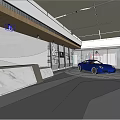 Modern Store Front Desk With Marble Counter Blue Sports Car And Spacious Interior