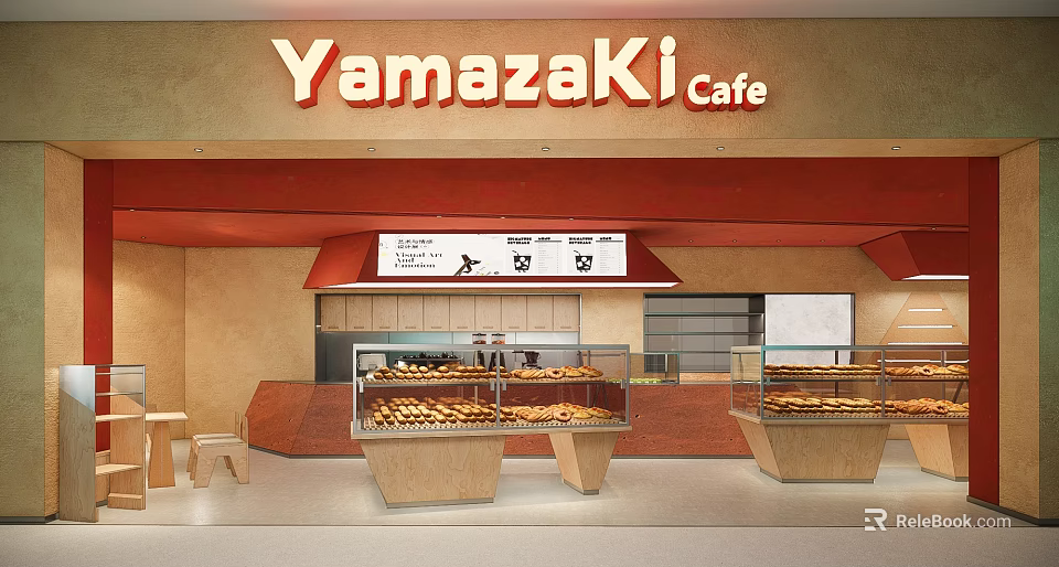 YamazaKi Dessert Cafe Interior With Glass Pastry Display Cases And Assorted Treats 3d model 