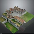 Historic Castle Architecture Model With Red Roofs Courtyard Stone Walls And Green Grass