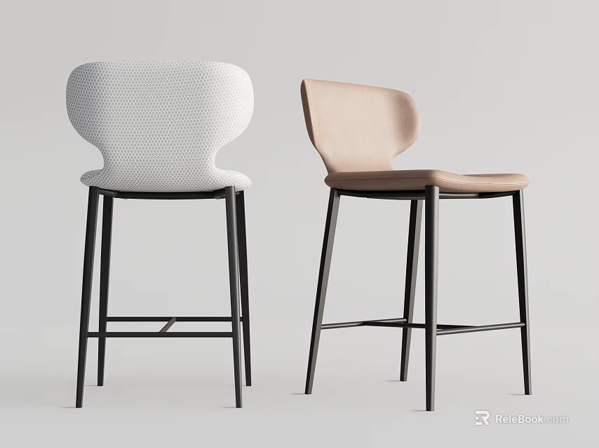 Modern Style Bar Stools With White and Beige Seats Black Metal Legs and Curved Backrests 3d model 