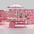 Pink Themed Display Space With Circular Central Platform And Striped Awning Booths 3d model