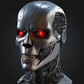 Futuristic Metallic Robotic Skull With Red Glowing Eyes And Mechanical Details